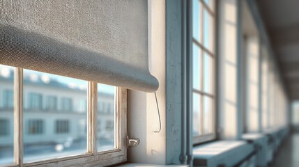 Detail shot of vintage factory windows showcasing modern roller designs in a unique industrial setting.