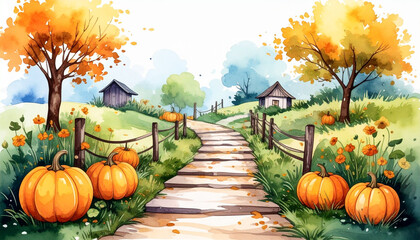 autumn landscape with pumpkins and trees