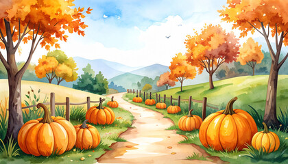 autumn landscape with pumpkins