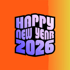 Happy New Year 2026 text with purple gradient and black outline