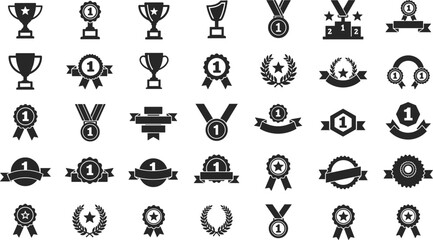 Award icons vector illustration, trophies medals ribbons podiums laurel wreaths badges, recognition and achievement symbols, black minimal design, success celebration graphic set