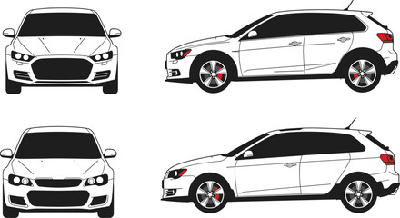 Obraz premium Car design vector illustration, front and side view compact hatchback, modern automobile silhouettes with sporty details, black outline icons, automotive concept art