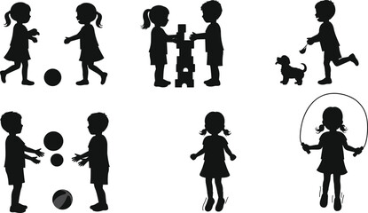 Children silhouettes vector illustration, kids playing with ball skipping rope jumping running walking dog stacking blocks in playful poses, black outline icons, minimal abstract style