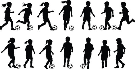 Children silhouettes vector illustration, kids playing soccer with football in various poses, running walking kicking dribbling, youth sports activity icons, black minimal design © MDBENJIR
