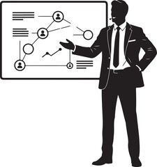 Businessman Presenting Data Analysis and Network Connections Silhouette illustration of a speaker explaining business strategy, growth, and communication concepts on a screen or whiteboard