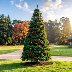 Large decorated evergreen in a park, autumn backdrop, sunny day