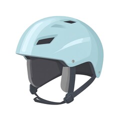 Light blue protective helmet, angled, with visor and chin strap