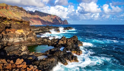 Ocean waves crashing on volcanic rocks, with mountains in background