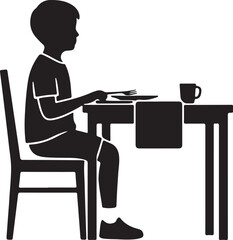 Silhouette of a young boy sitting at a dining table, holding a fork and knife, ready for a meal, breakfast, lunch, or dinner, in a simple black and white vector style illustration