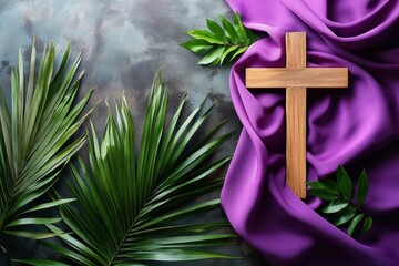 Evocative image portraying the Christian cross with palm leaves and purple cloth, signifying Lent and Easter.