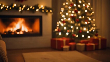 Cozy living room decorated for Christmas, glowing fireplace, Christmas tree lights softly twinkling, warm bokeh, cinematic slow pan