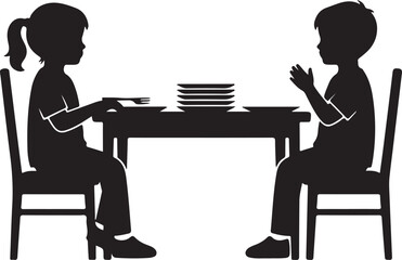 Children Mealtime Silhouette Boy and Girl Seated at Table with Plates, Ready to Eat or Pray, Family Dinner Icon.