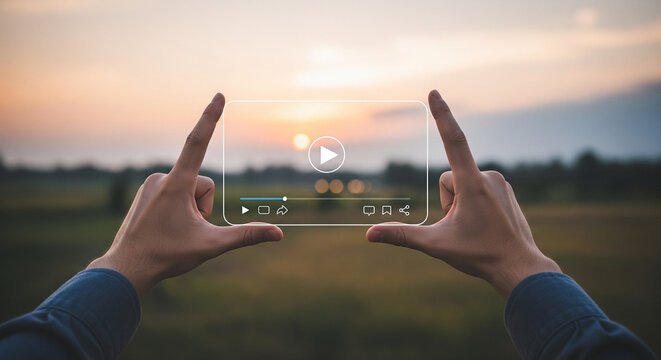 Online live video marketing concept. Photo sign made by human hands on blurred sunset sky as background