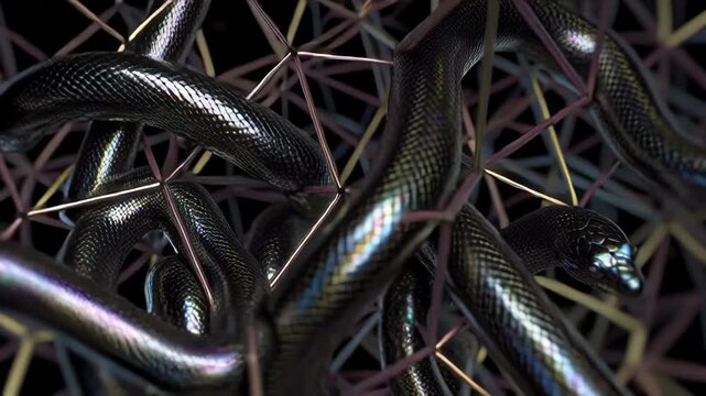 Abstract 3D rendering of black snakes intertwined with geometric shapes