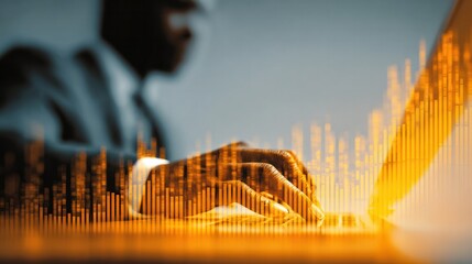 Data Analysis: A close-up shot of a focused individual working diligently on a laptop, surrounded by dynamic charts and graphs. The image captures the essence of data analysis and information