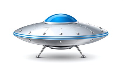 Glossy silver flying saucer with a blue dome and landing legs