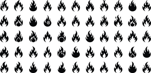 Flame silhouettes vector illustration, fire icons in multiple abstract shapes, black outline design, minimal symbol collection, burning energy graphic set