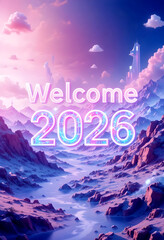 Futuristic landscape with glowing “Welcome 2026” text over dreamy mountains and pink-blue sky. Modern digital art concept celebrating the new year with a sci-fi, optimistic atmosphere.