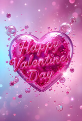 Bright pink 3D heart with “Happy Valentine’s Day” text surrounded by sparkles, bubbles, and glitter on a soft gradient background. Romantic and festive design perfect for Valentine greetings or celebr