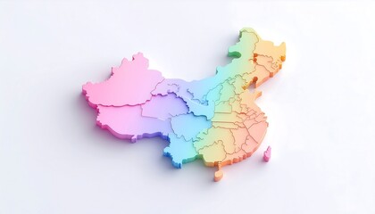 Conceptual 3D illustration of China's map, showcasing its administrative regions in a beautiful and modern rainbow color scheme