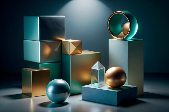 Modern geometric still life with metallic cubes, spheres, and glass shapes under dramatic lighting. Elegant 3D composition blending gold and teal tones. Perfect for design, architecture, and art conce - Powered by Adobe