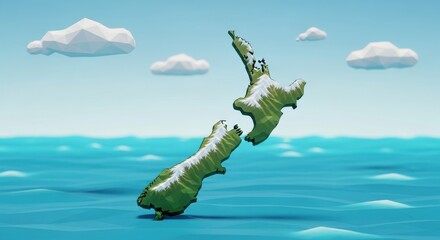Low Poly New Zealand Map Floating on the Ocean with Clouds Background