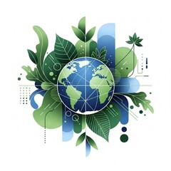 Abstract geometric illustration of the Earth surrounded by organic green forms, leaves, and botanical shapes, modern art style