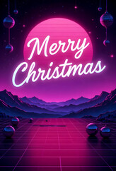 Retro futuristic Merry Christmas design with neon pink sun, glowing typography, metallic ornaments, and mountain landscape. Synthwave holiday background perfect for festive digital art and greeting ca