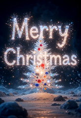 Glowing Christmas tree with sparkling lights and ornaments under a night sky, with “Merry Christmas” written in shining light. Festive winter holiday background with magical atmosphere.