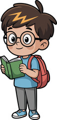 Cute cartoon school boy with glasses holding open book and backpack, smart student illustration for education, reading, and learning concept