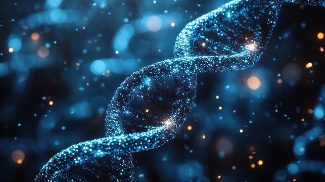 DNA Helix in a Futuristic Glow: The intricate double helix structure of DNA, illuminated with shimmering particles against a dark, cosmic background. - Powered by Adobe