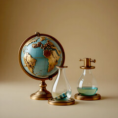 Vintage globe and glass flasks with blue liquid on a beige background, symbolizing global science, environmental research, sustainability, and world exploration concept in elegant design.