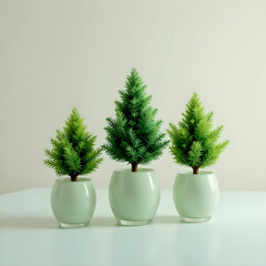 Three small evergreen trees in minimalist round pots arranged in a row on a light background, symbolizing freshness, growth, and eco-friendly interior decor in a modern style.