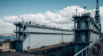 Industrial cargo ship in Rotterdam harbor with cranes, water, and sky