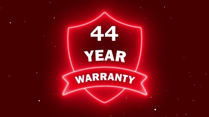 glowing forty four year guarantee sign. 44 year quality assurance neon icon. futuristic digital warranty label animation.