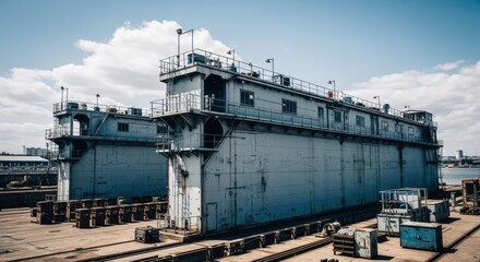 Fototapeta premium Large freight ship at an industrial cargo port with towering cranes, carrying containers across the sea