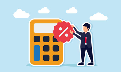 Businessman placing a discount or percent icon on a calculator illustration of promotion calculation for marketing purposes