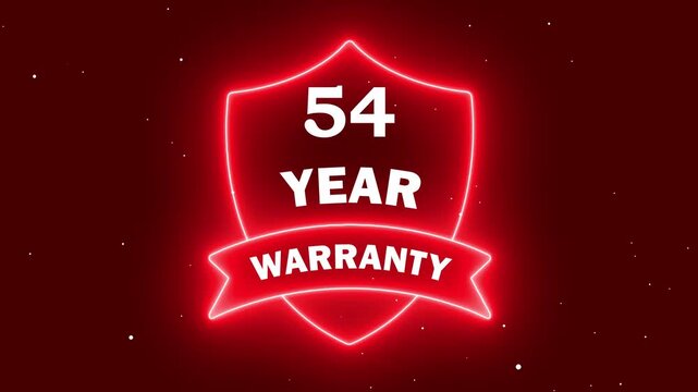 futuristic digital warranty label animation. glowing fifty four year guarantee sign. red neon 54 year warranty shield badge.