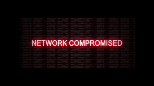 Network compromised warning on digital screen with binary code background. Cybersecurity alert concept.