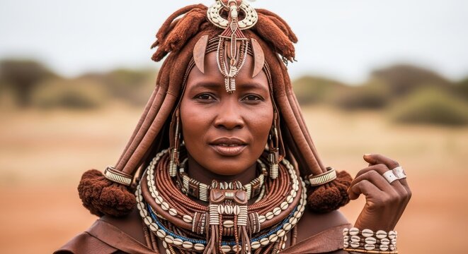 Portrait of a Himba Woman: Traditional Attire in a Desert Landscape