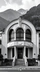 Ornate building facade before towering mountains