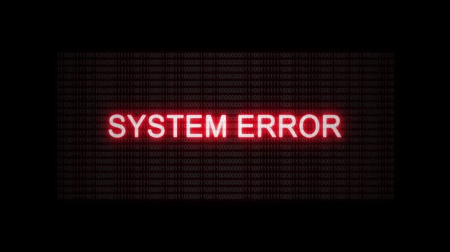 System error warning on digital screen with binary code background. Cybersecurity alert concept.