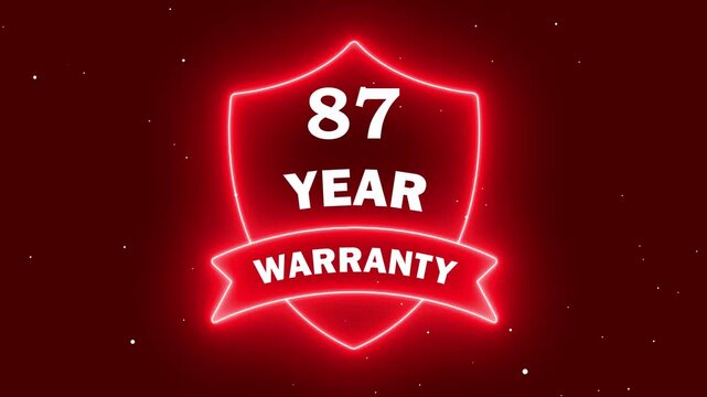 Vector illustration of 87 Year Warranty. Neon 87 year warranty with shield icon animation on red background. Business product quality concept. 87 years warranty label badge design animation.