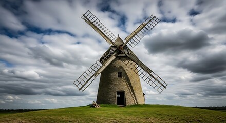 Historic Stone Windmill on Grassy Hill Under Dramatic Overcast Sky, Evoking Rural Heritage.