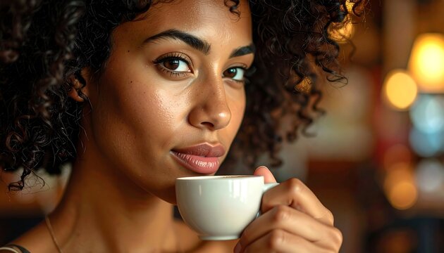 Beautiful woman with dark curly hair sips coffee, close-up