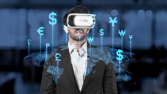A businessman engages with virtual reality technology, wearing a headset amidst floating currency symbols, showcasing a modern approach to finance and globalization. Raster