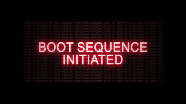 Boot sequence initiated warning on digital screen with binary code background. Cybersecurity alert concept.
