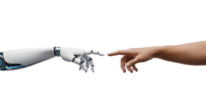 Robot and human hands about to touch, a modern Creation of Adam concept. Isolated on transparent background, png