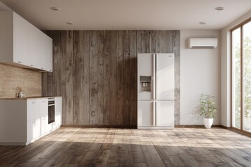 Modern kitchen with white cabinets and wood accent wall.