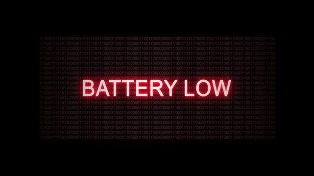 Battery low warning on digital screen with binary code background. Cybersecurity alert concept.